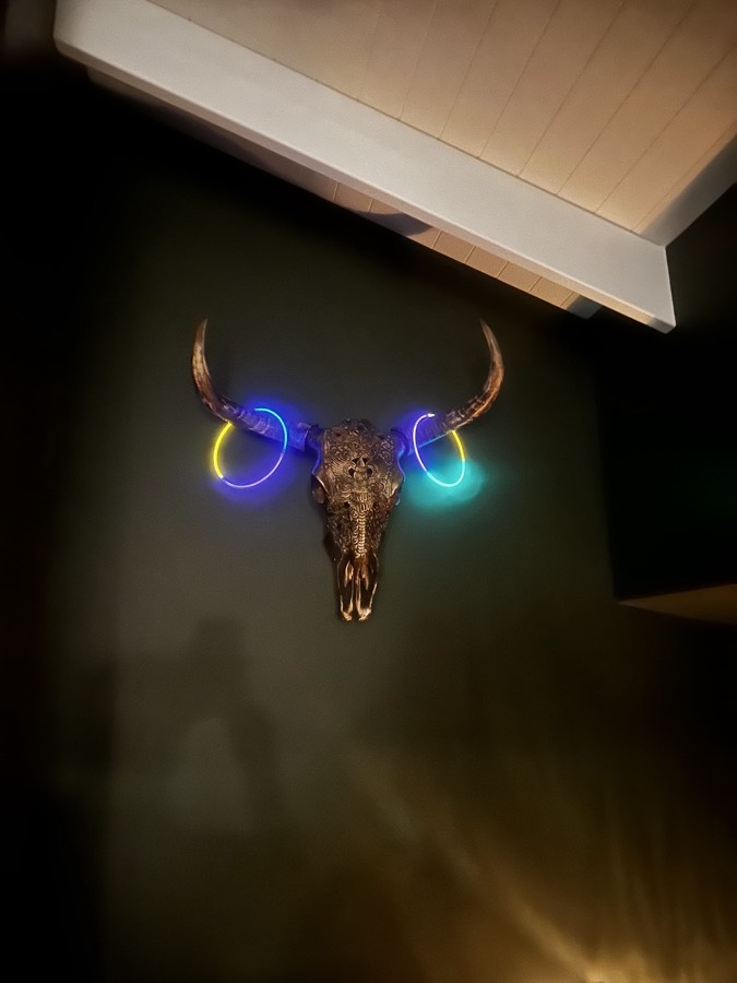 A skull lit by glow sticks — all theater